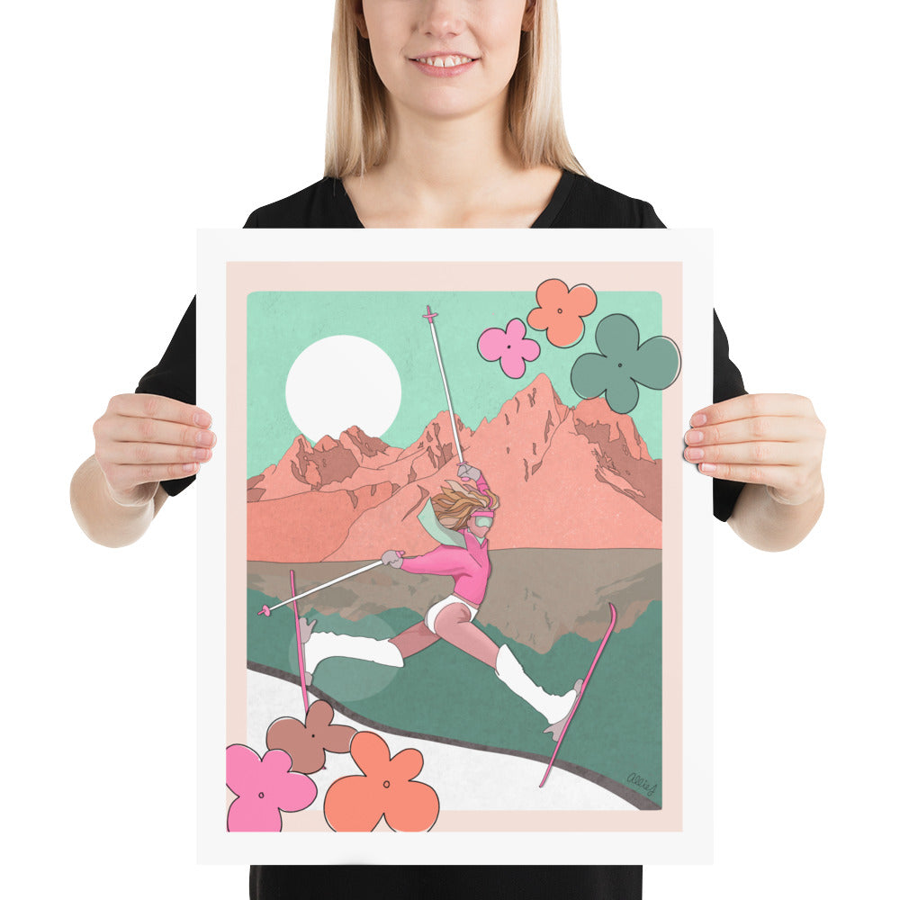 Retro Skier Pink Poster